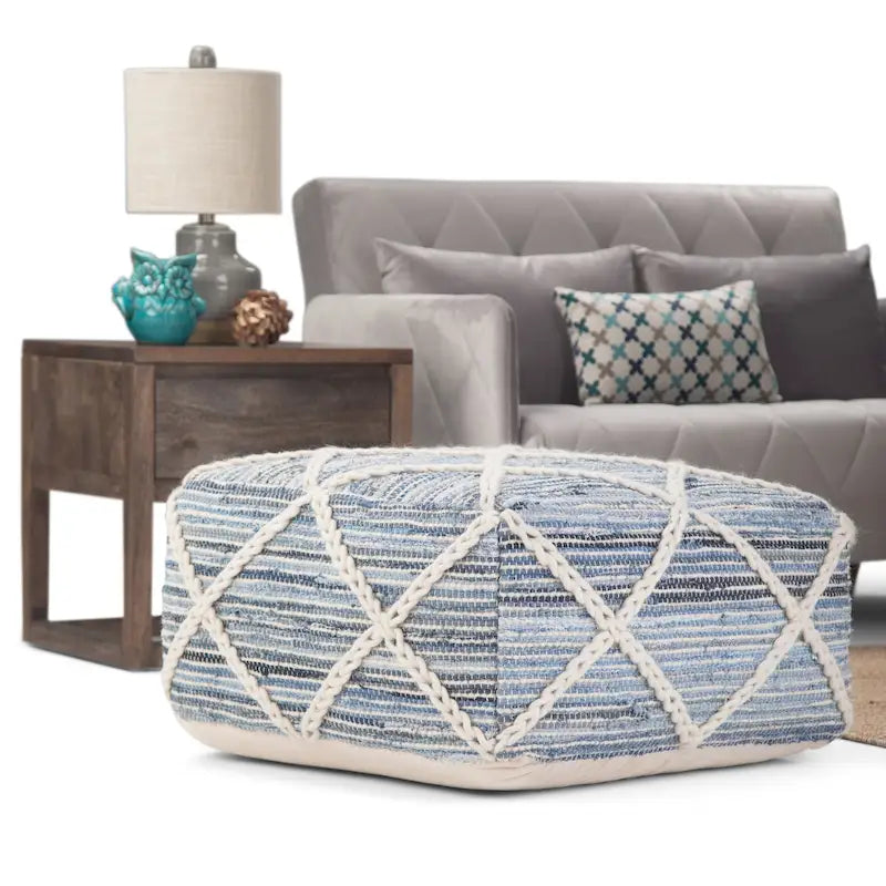 Pouf carré bleu / magenta / sarcelle / gris et naturel, tissé à la main, 1 personne