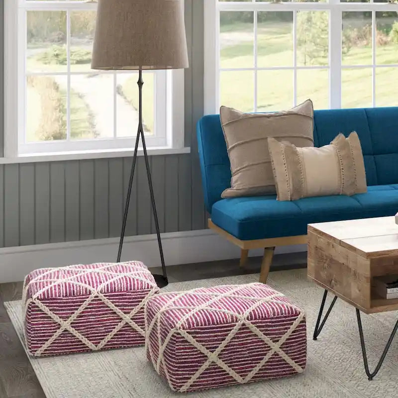 Pouf carré bleu / magenta / sarcelle / gris et naturel, tissé à la main, 1 personne