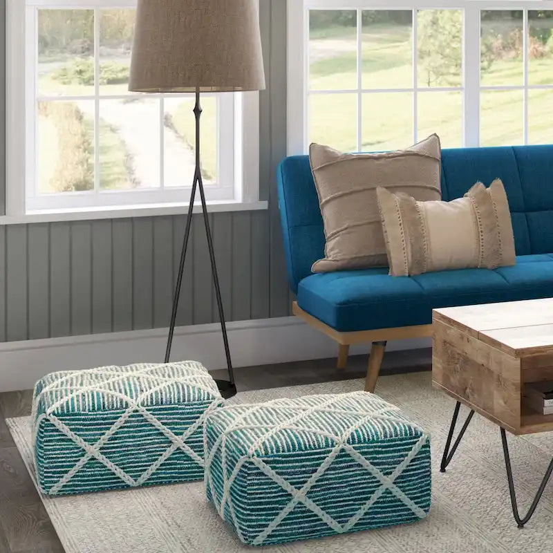 Pouf carré bleu / magenta / sarcelle / gris et naturel, tissé à la main, 1 personne