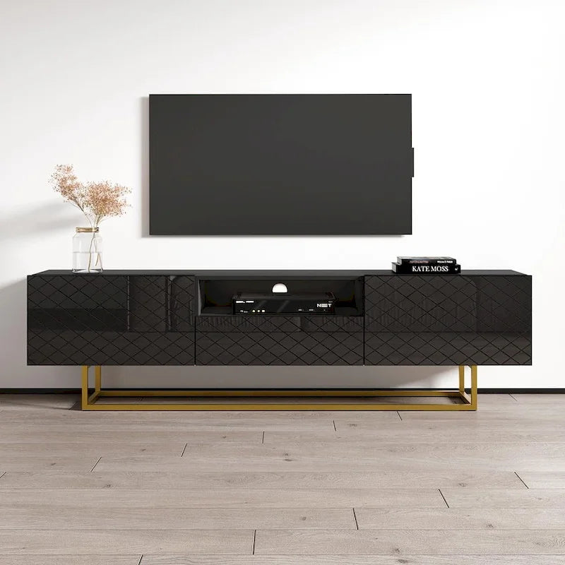 Meuble TV laqué blanc/noir brillant pour téléviseur jusqu'à 85 pouces