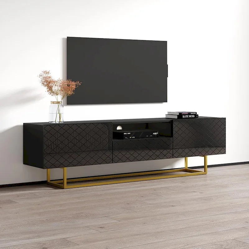 Meuble TV laqué blanc/noir brillant pour téléviseur jusqu'à 85 pouces