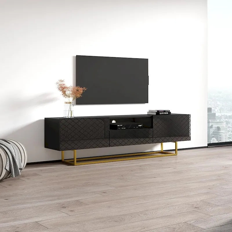 Meuble TV laqué blanc/noir brillant pour téléviseur jusqu'à 85 pouces