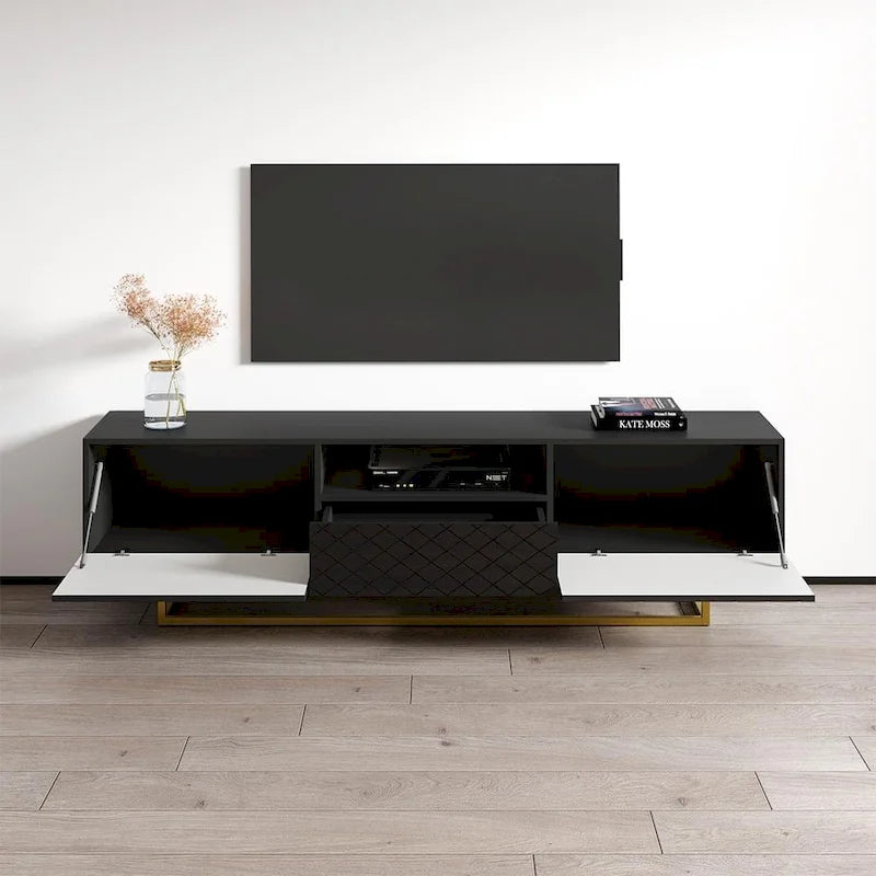 Meuble TV laqué blanc/noir brillant pour téléviseur jusqu'à 85 pouces