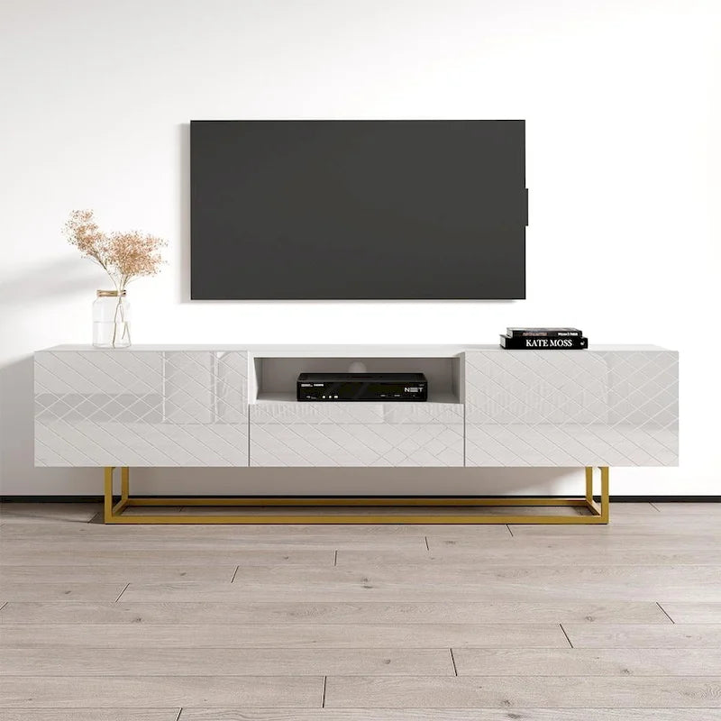 Meuble TV laqué blanc/noir brillant pour téléviseur jusqu'à 85 pouces