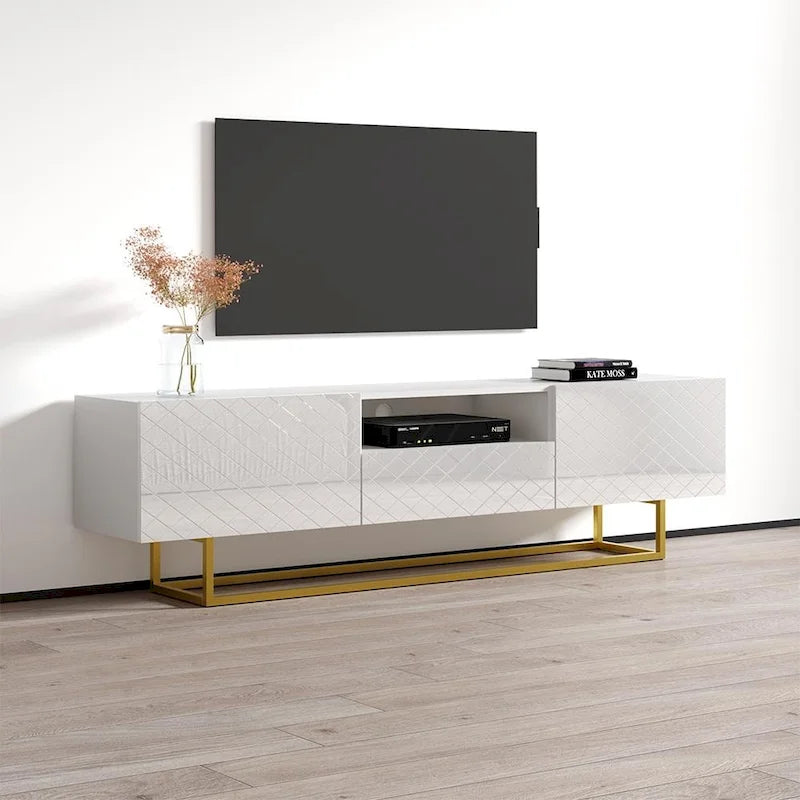 Meuble TV laqué blanc/noir brillant pour téléviseur jusqu'à 85 pouces