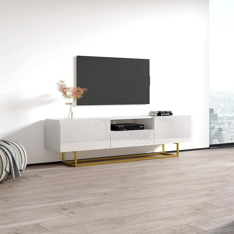 Meuble TV laqué blanc/noir brillant pour téléviseur jusqu'à 85 pouces