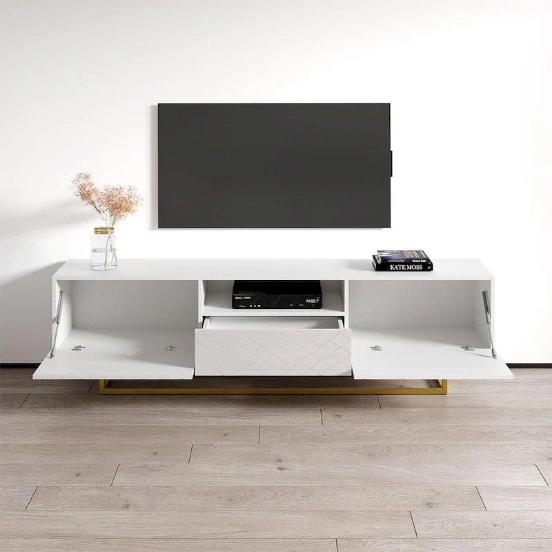 Meuble TV laqué blanc/noir brillant pour téléviseur jusqu'à 85 pouces