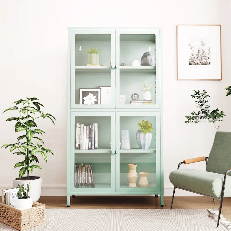 Meuble de rangement en verre à 4 portes vert menthe / noir / blanc / bleu