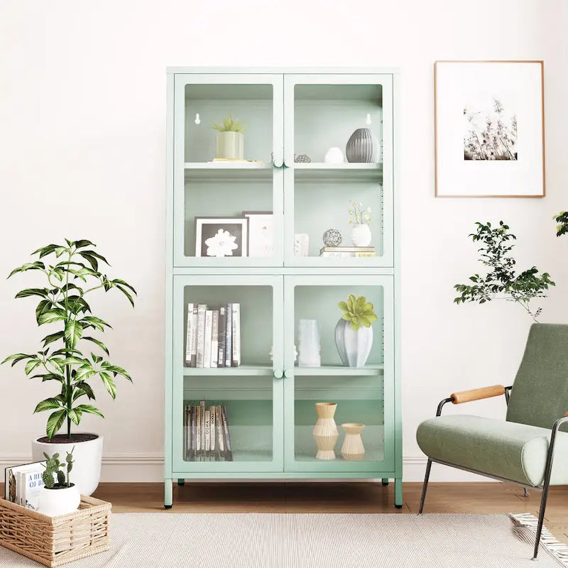 Meuble de rangement en verre à 4 portes vert menthe / noir / blanc / bleu