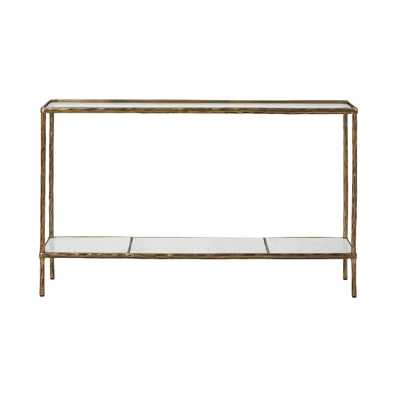 Console en bronze/verre gris avec plateau et tablette en marbre, assemblage par 1 personne