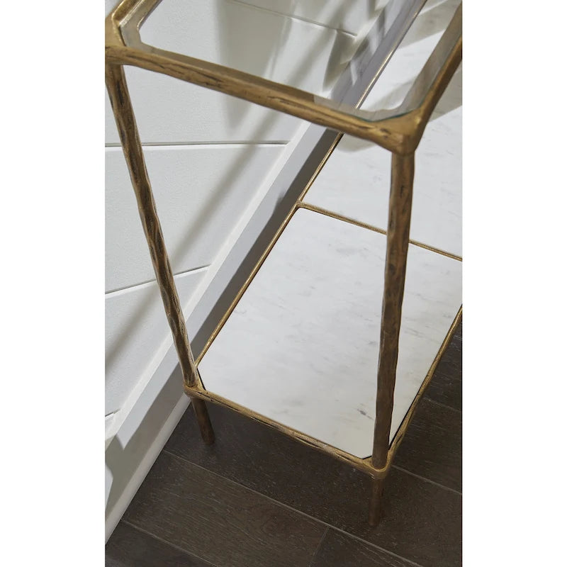 Console en bronze/verre gris avec plateau et tablette en marbre, assemblage par 1 personne