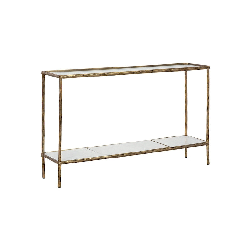 Console en bronze/verre gris avec plateau et tablette en marbre, assemblage par 1 personne
