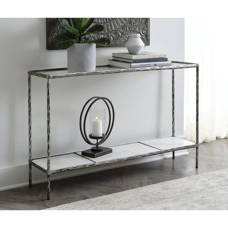Console en bronze/verre gris avec plateau et tablette en marbre, assemblage par 1 personne