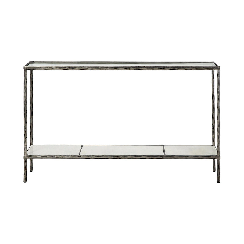 Console en bronze/verre gris avec plateau et tablette en marbre, assemblage par 1 personne