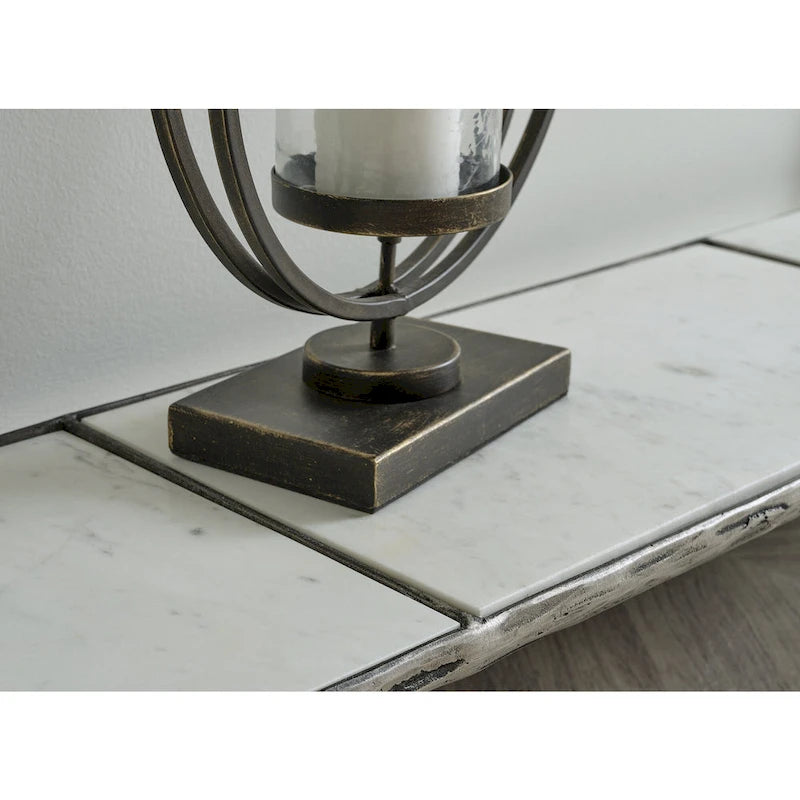 Console en bronze/verre gris avec plateau et tablette en marbre, assemblage par 1 personne