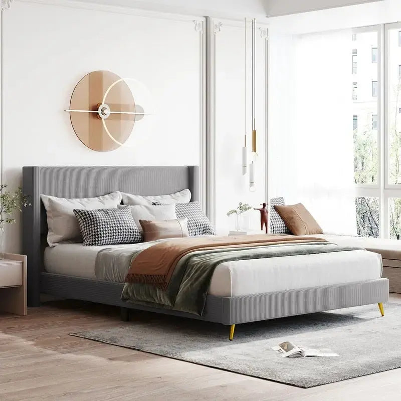 Lit plateforme capitonné en velours côtelé gris / rose / bleu / beige avec tête de lit, grand lit, 1 personne