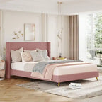 Lit plateforme capitonné en velours côtelé gris / rose / bleu / beige avec tête de lit, grand lit, 1 personne