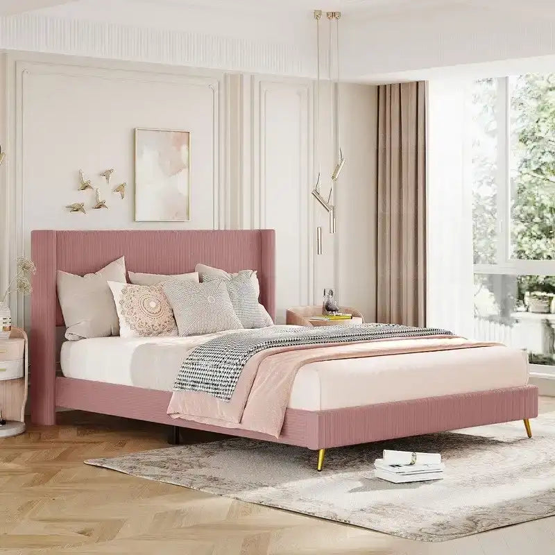 Lit plateforme capitonné en velours côtelé gris / rose / bleu / beige avec tête de lit, grand lit, 1 personne