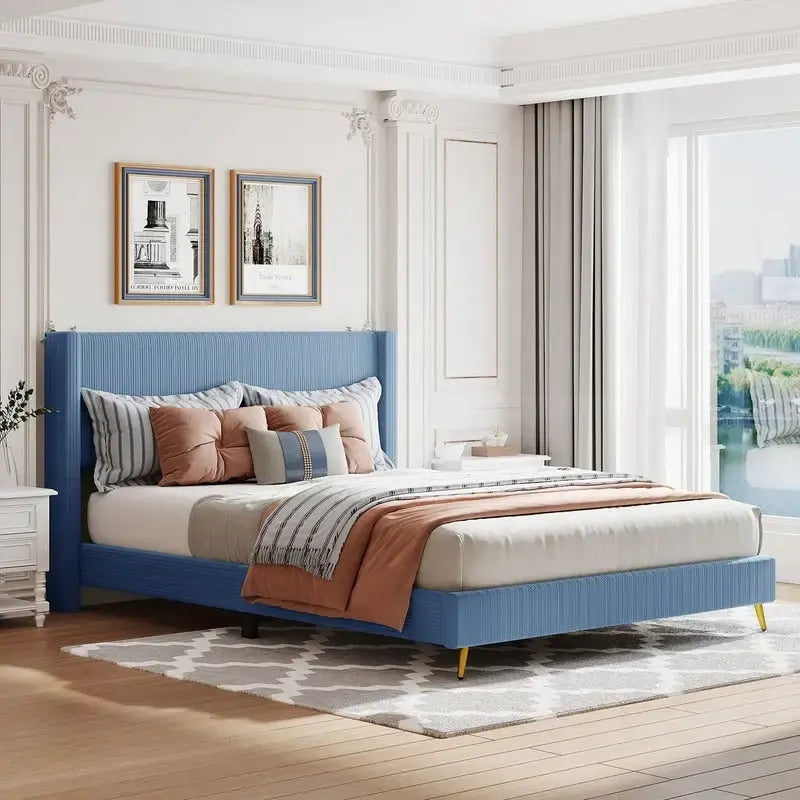 Lit plateforme capitonné en velours côtelé gris / rose / bleu / beige avec tête de lit, grand lit, 1 personne