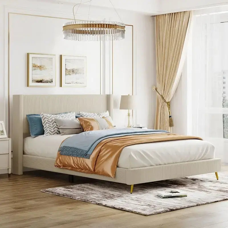 Lit plateforme capitonné en velours côtelé gris / rose / bleu / beige avec tête de lit, grand lit, 1 personne