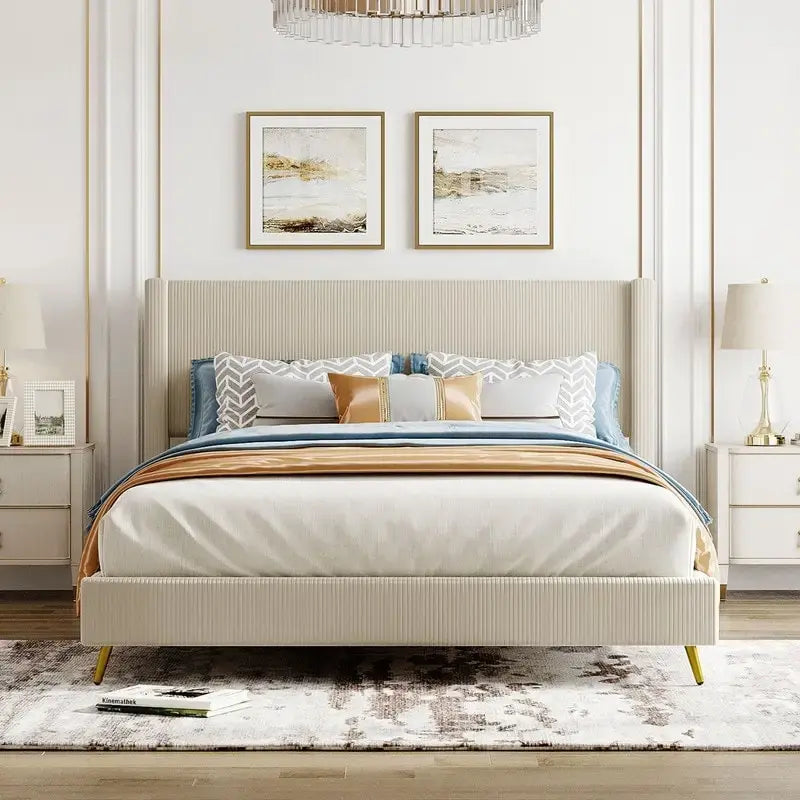 Lit plateforme capitonné en velours côtelé gris / rose / bleu / beige avec tête de lit, grand lit, 1 personne