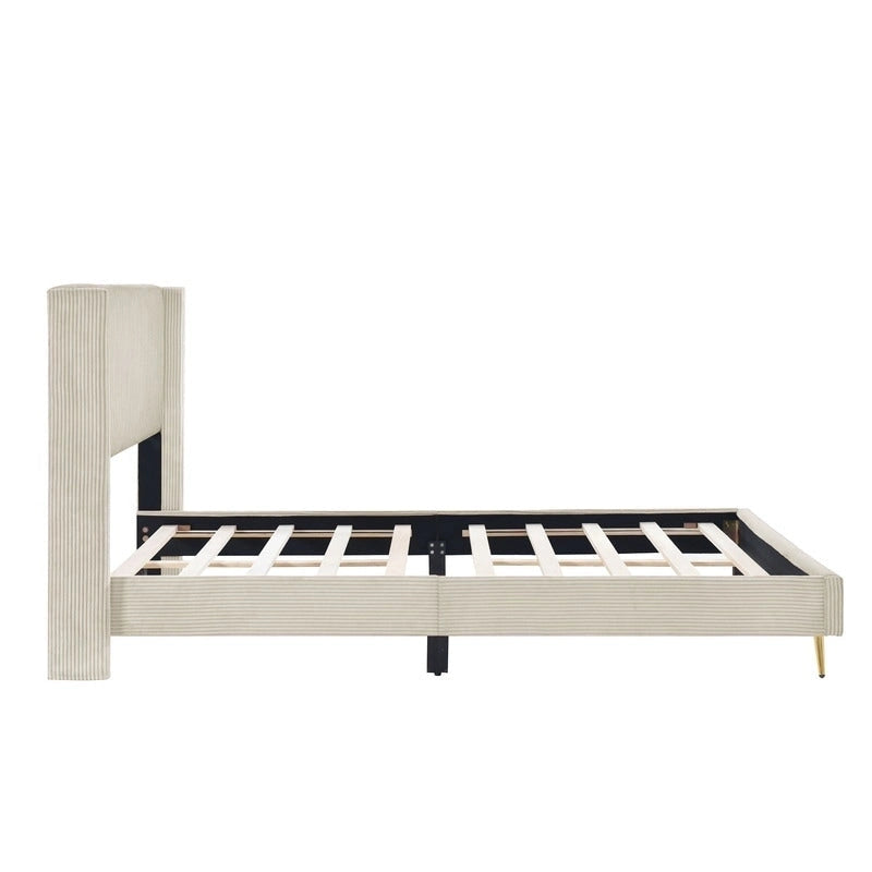 Lit plateforme capitonné en velours côtelé gris / rose / bleu / beige avec tête de lit, grand lit, 1 personne