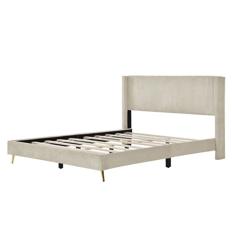 Lit plateforme capitonné en velours côtelé gris / rose / bleu / beige avec tête de lit, grand lit, 1 personne