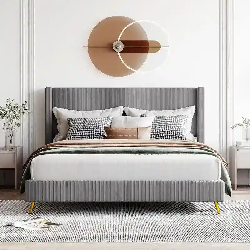 Lit plateforme capitonné en velours côtelé gris / rose / bleu / beige avec tête de lit, grand lit, 1 personne