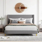 Lit plateforme capitonné en velours côtelé gris / rose / bleu / beige avec tête de lit, grand lit, 1 personne
