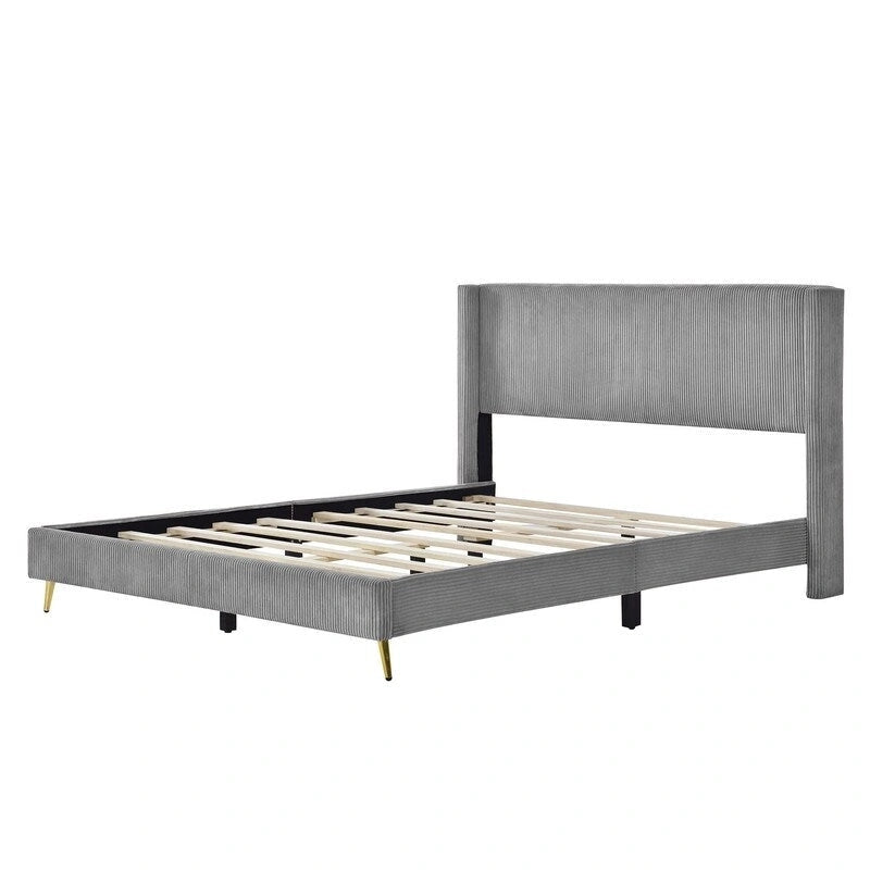 Lit plateforme capitonné en velours côtelé gris / rose / bleu / beige avec tête de lit, grand lit, 1 personne