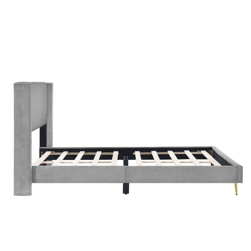 Lit plateforme capitonné en velours côtelé gris / rose / bleu / beige avec tête de lit, grand lit, 1 personne