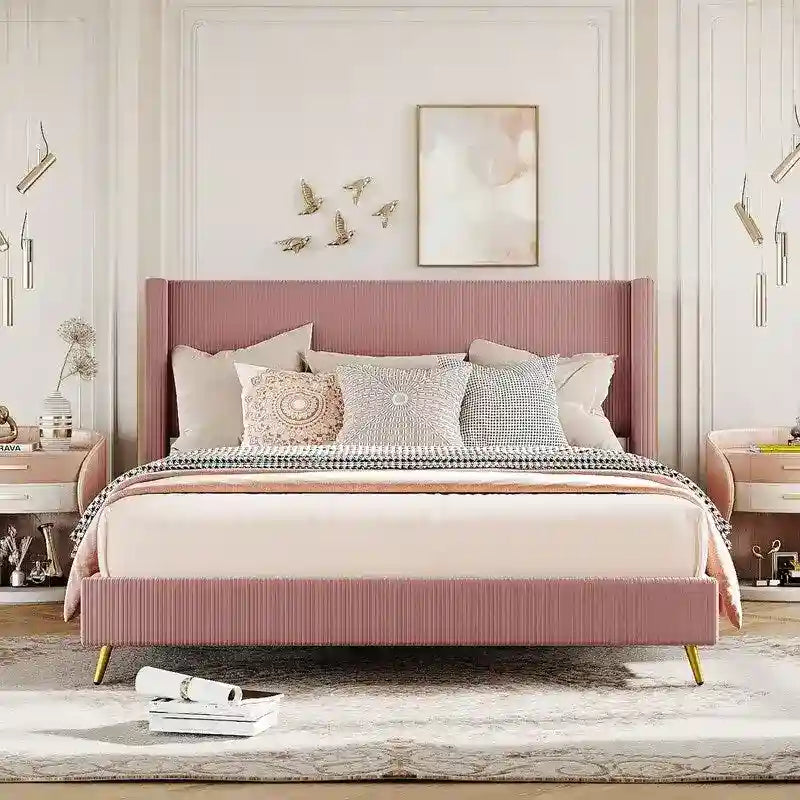 Lit plateforme capitonné en velours côtelé gris / rose / bleu / beige avec tête de lit, grand lit, 1 personne