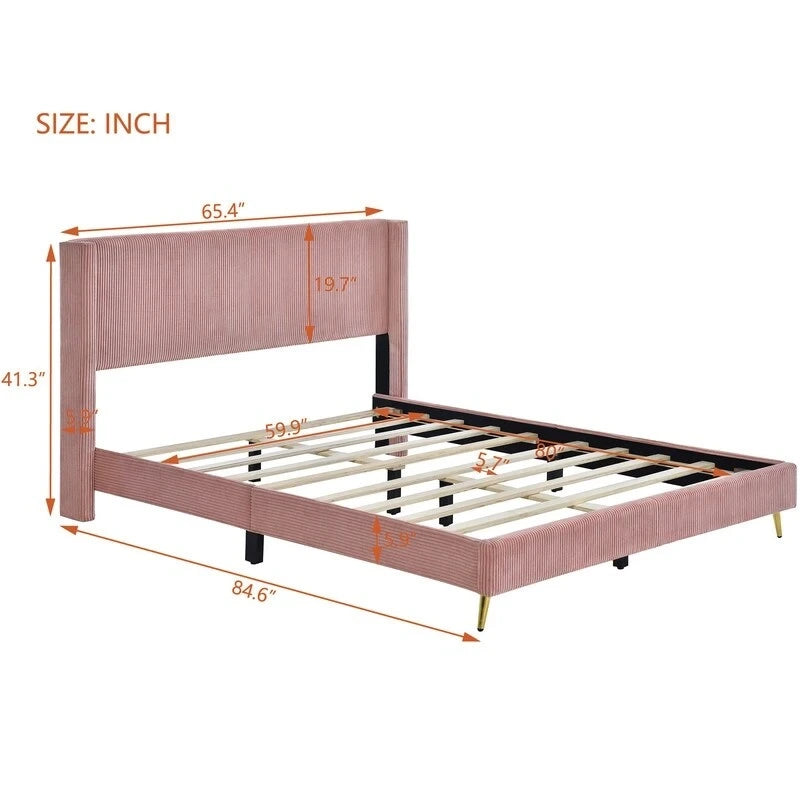Lit plateforme capitonné en velours côtelé gris / rose / bleu / beige avec tête de lit, grand lit, 1 personne