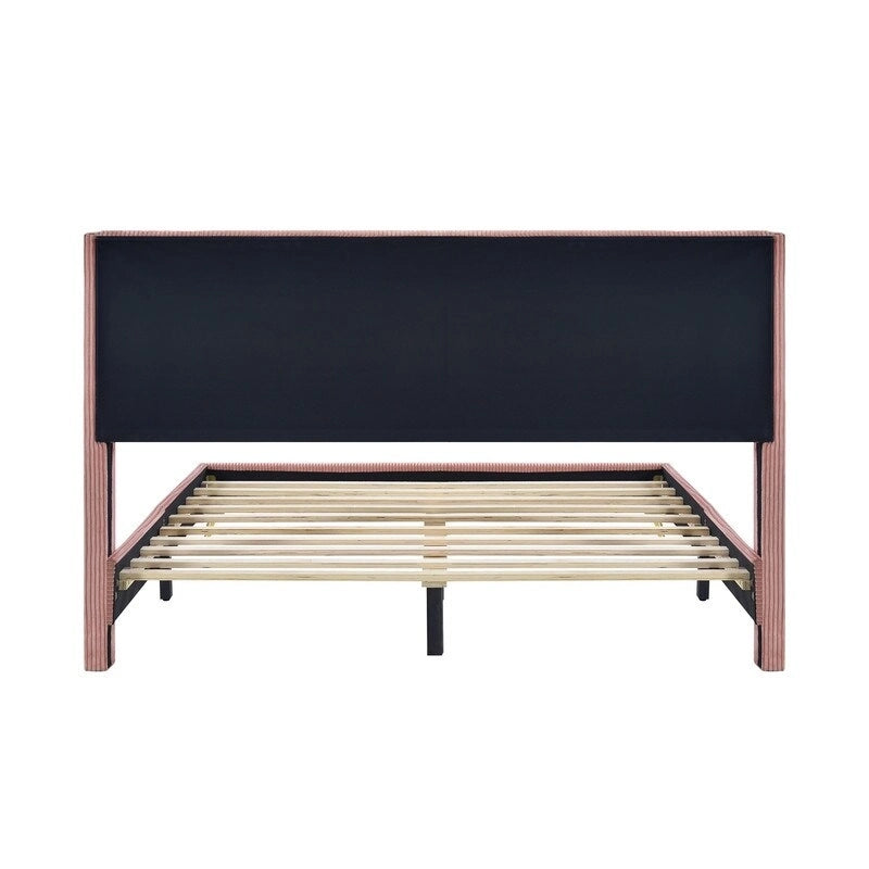 Lit plateforme capitonné en velours côtelé gris / rose / bleu / beige avec tête de lit, grand lit, 1 personne