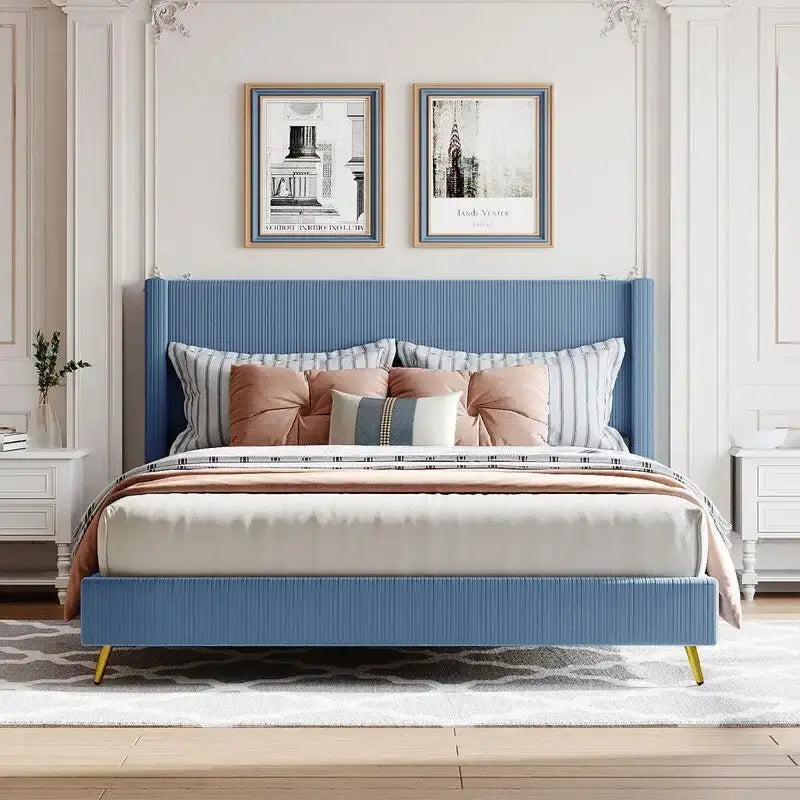Lit plateforme capitonné en velours côtelé gris / rose / bleu / beige avec tête de lit, grand lit, 1 personne