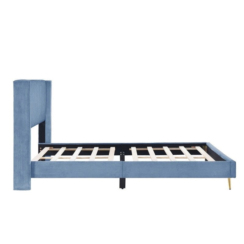 Lit plateforme capitonné en velours côtelé gris / rose / bleu / beige avec tête de lit, grand lit, 1 personne