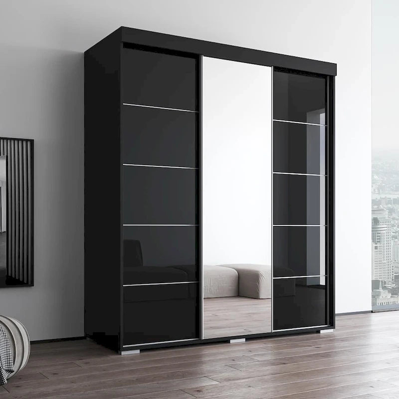 Armoire penderie miroir 3 portes – Noir / Blanc / Gris / Wengé