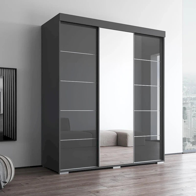 Armoire penderie miroir 3 portes – Noir / Blanc / Gris / Wengé