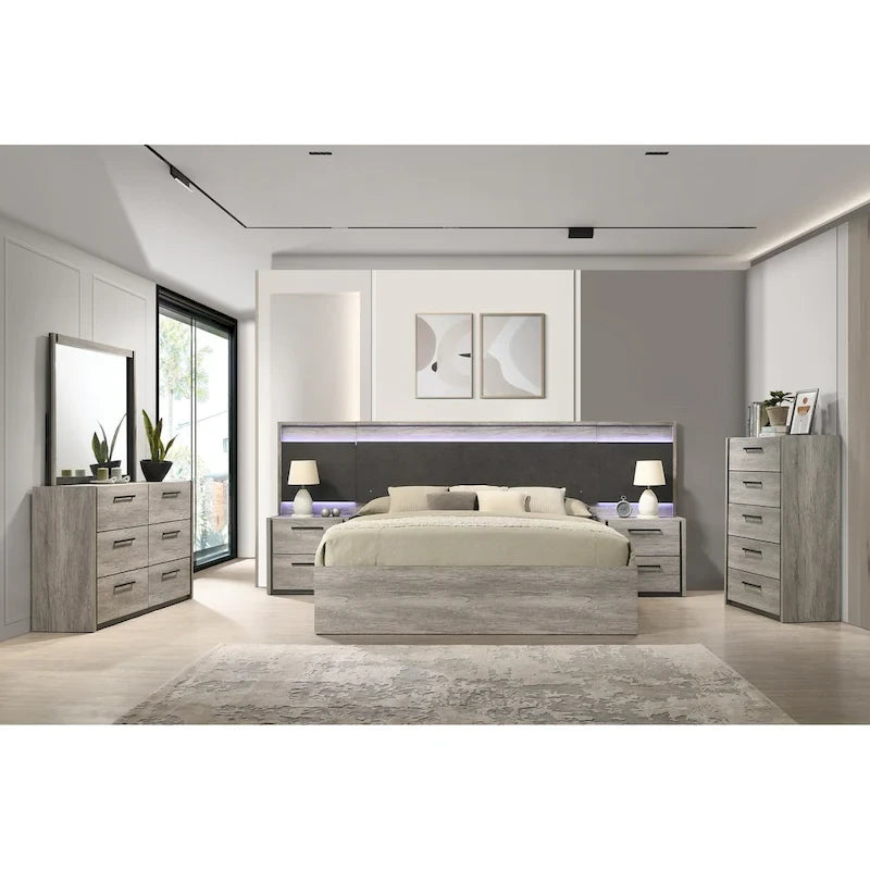Chambre à coucher avec lit escamotable LED gris vieilli, style panneau, 1-2 personnes – Très grand lit/grand lit