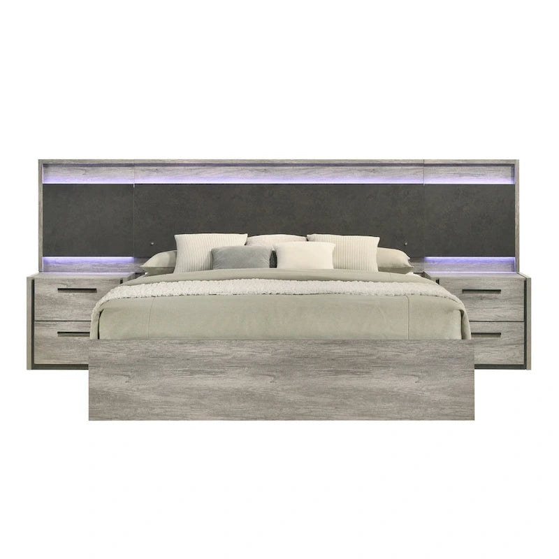 Chambre à coucher avec lit escamotable LED gris vieilli, style panneau, 1-2 personnes – Très grand lit/grand lit