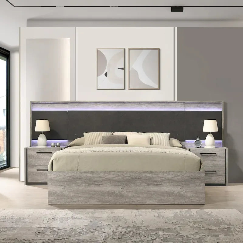 Chambre à coucher avec lit escamotable LED gris vieilli, style panneau, 1-2 personnes – Très grand lit/grand lit