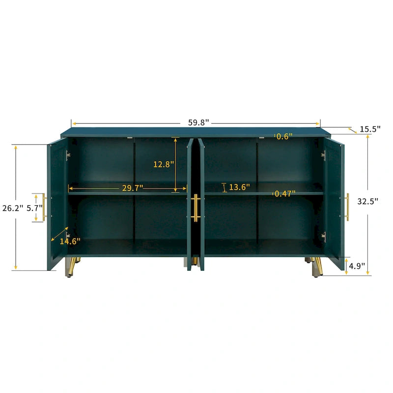 Meuble TV vert 4 portes, MDF, pour TV jusqu'à 65 po