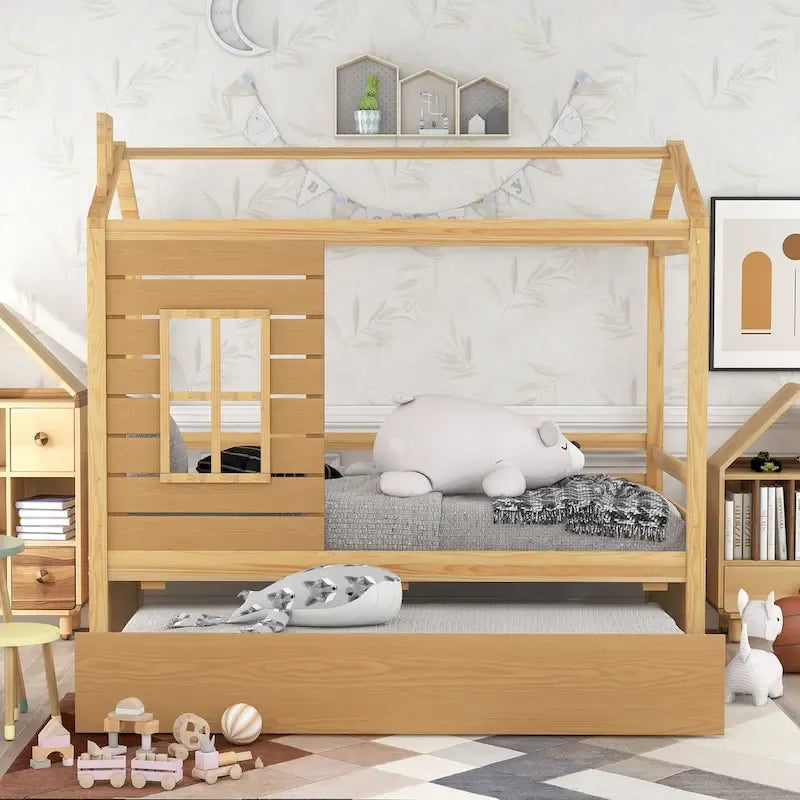 Lit jumeau double naturel avec lit gigogne, 2 couchages