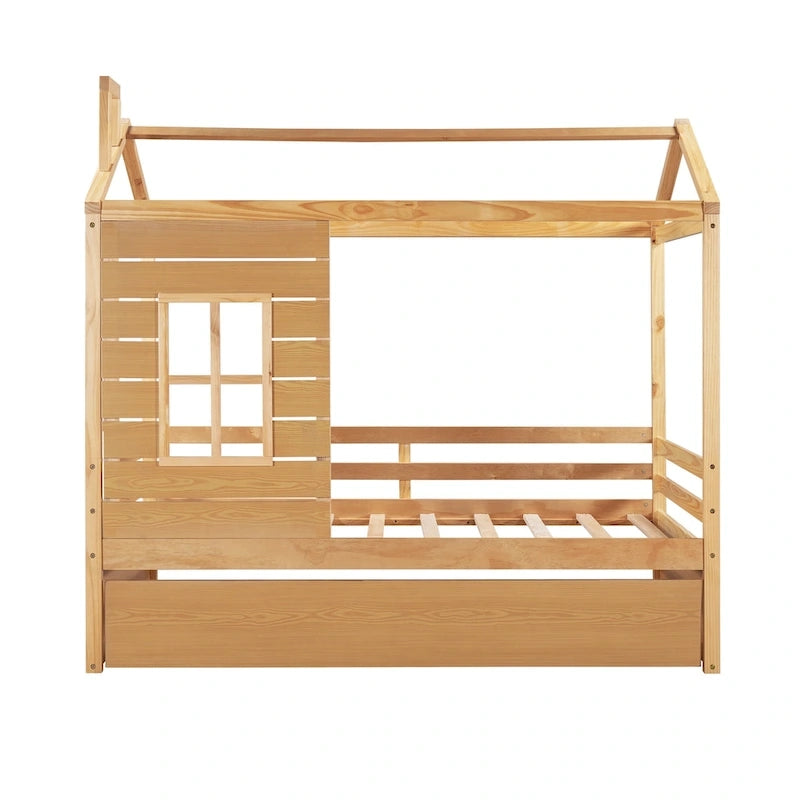 Lit jumeau double naturel avec lit gigogne, 2 couchages