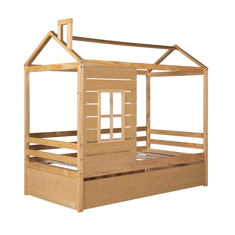 Lit jumeau double naturel avec lit gigogne, 2 couchages