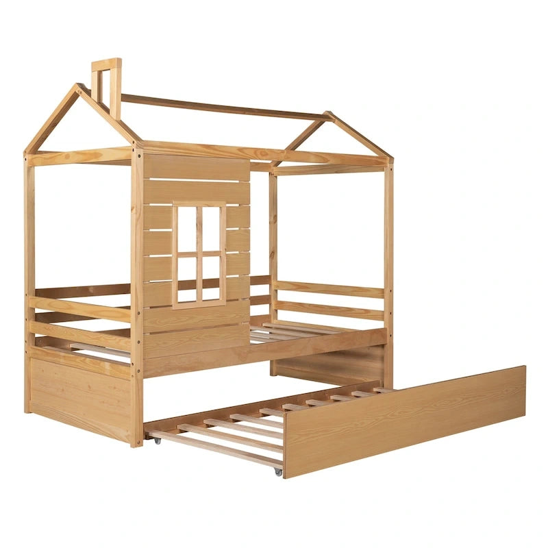 Lit jumeau double naturel avec lit gigogne, 2 couchages