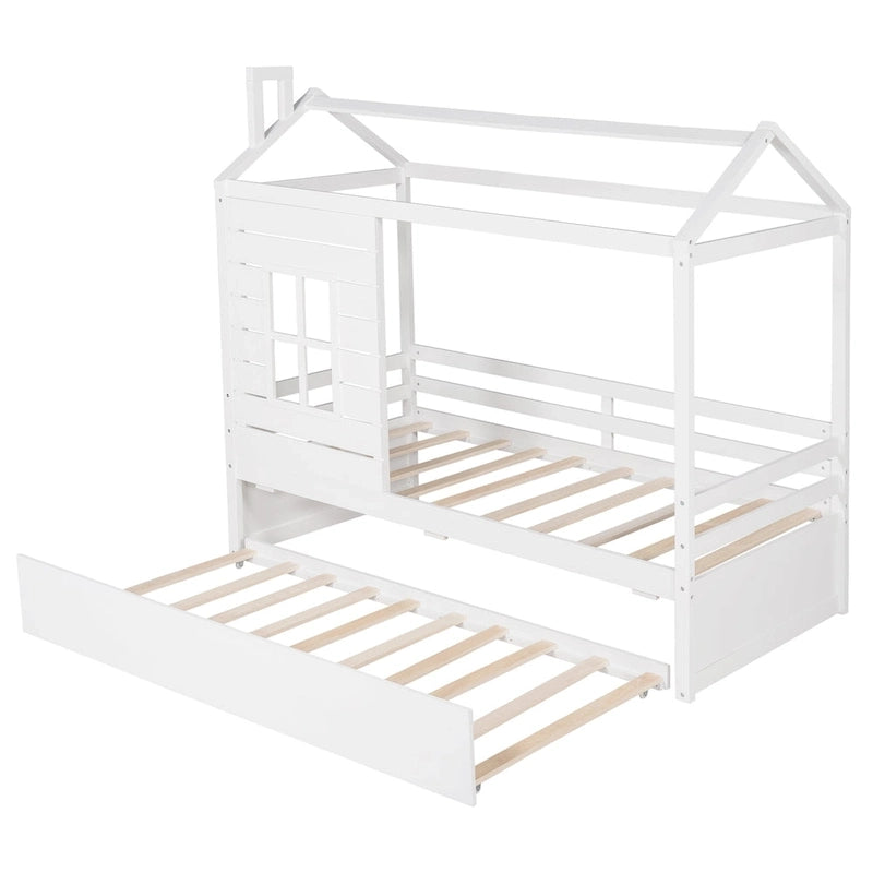 Lit jumeau double naturel avec lit gigogne, 2 couchages