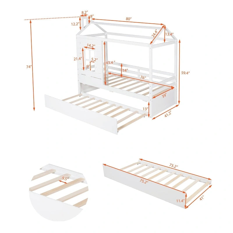 Lit jumeau double naturel avec lit gigogne, 2 couchages