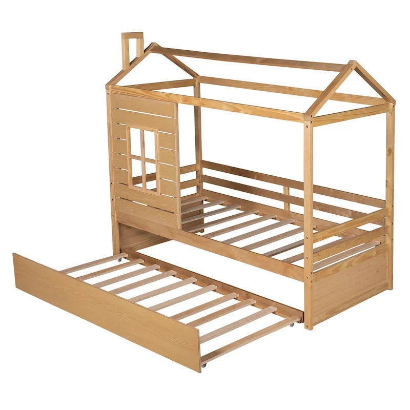 Lit jumeau double naturel avec lit gigogne, 2 couchages