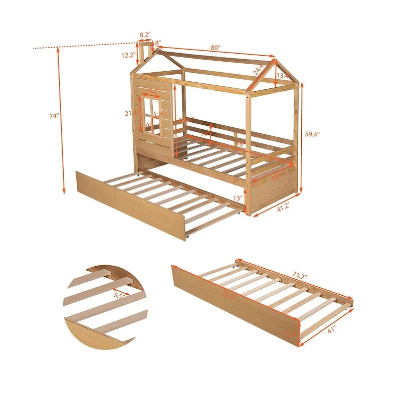Lit jumeau double naturel avec lit gigogne, 2 couchages